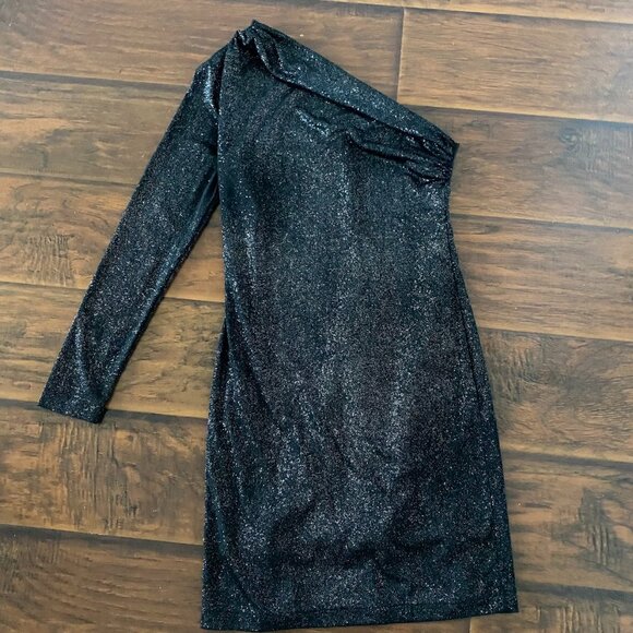 Allen B Schwartz One Shoulder Black Glitter Dress XS Sparkle - Picture 3 of 5